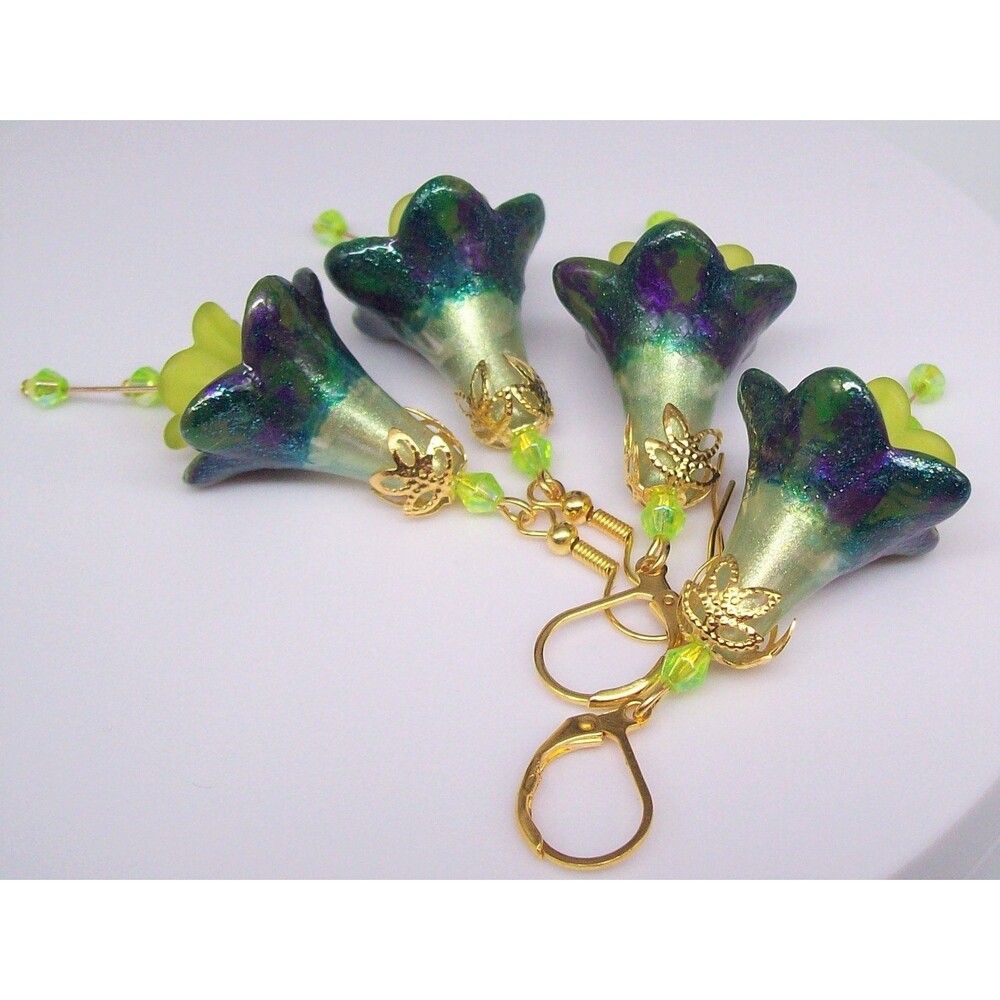 Green Boho Earrings Dangle, Hand Painted, Gold,